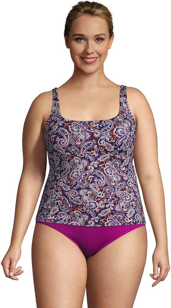 Lands' End Womens Chlorine Resistant Square Neck Tankini Top Deep Sea Navy Retro Paisley G-Cup Plus 20w