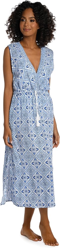 La Blanca Womens Tie Front Midi Dress Swimsuit Swimwear Cover Up, Capri Blue Mediterranean Breeze, Large US