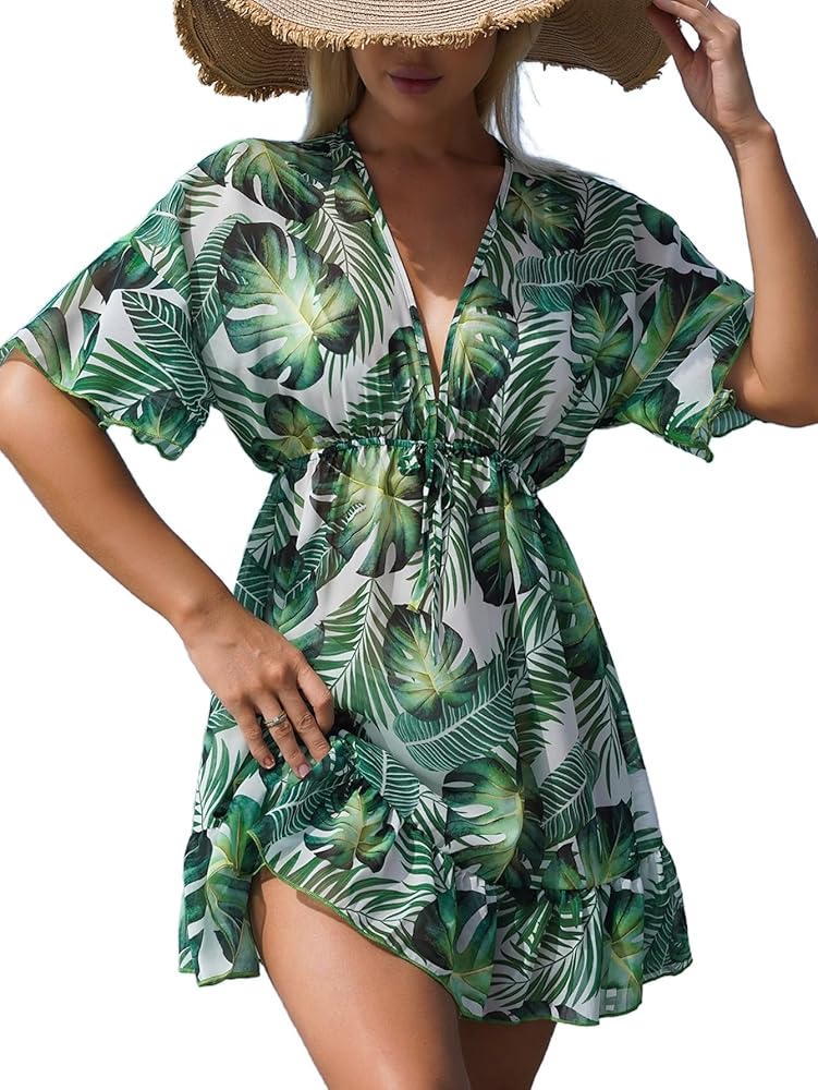 MakeMeChic Women's Swimsuit Coverup Deep V Neck Half Sleeve Tropical Print Bathing Suit Cover Up Beach Dress