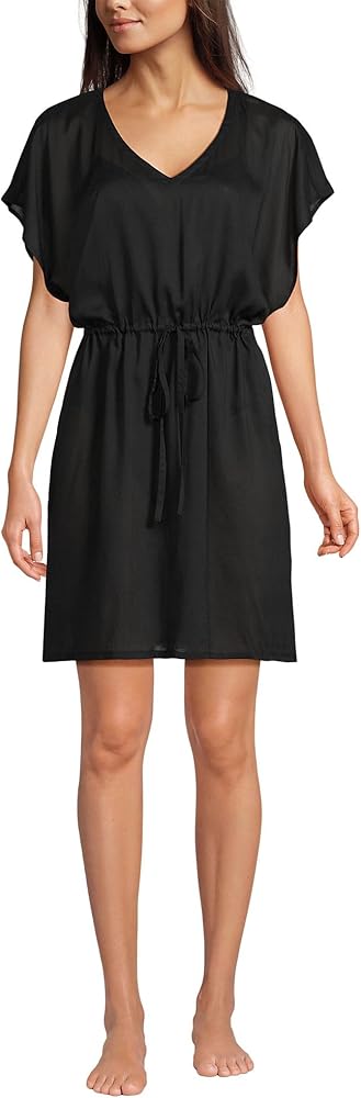 Lands' End Womens Modal SS Gathered Waist Swim Cover-up Dress NEW FIT Black Regular X-Small