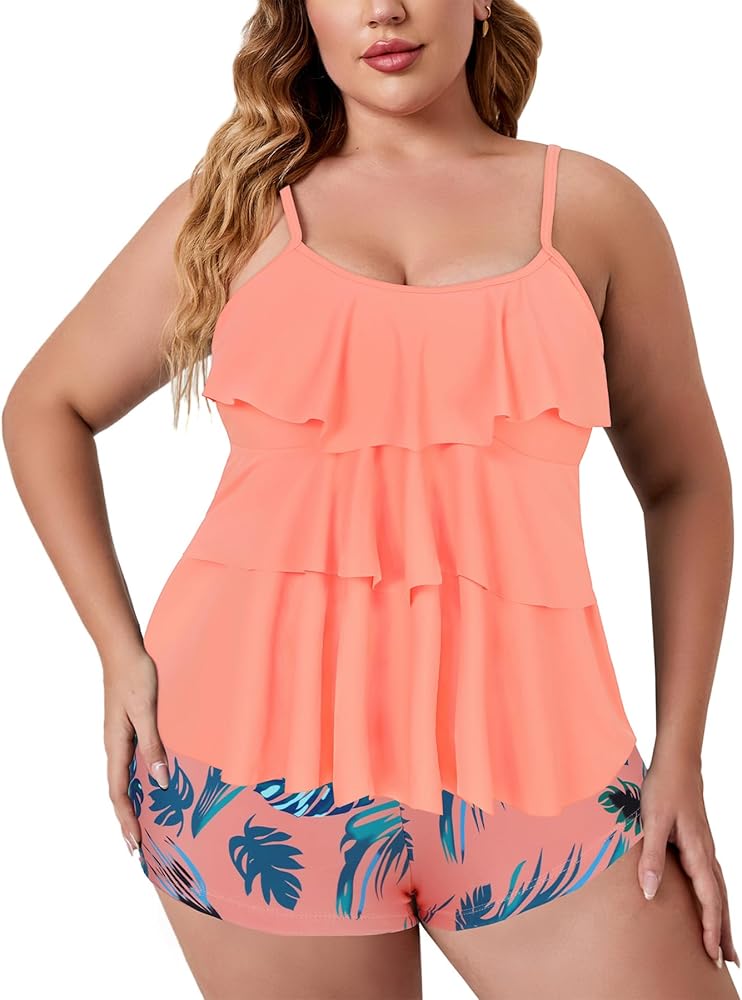 Zando Plus Size 2 Piece Tankini Bathing Suit Tops Tummy Control Printed Womens Swimsuits Top Modest Swimdress with Shorts