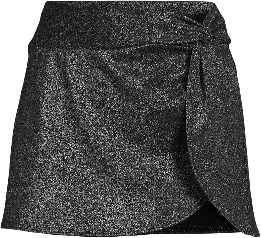 Lands' End Women's Chlorine Resistant Twist Front Mini Swim Cover-up Skirt, Metallic Black Shine, Medium