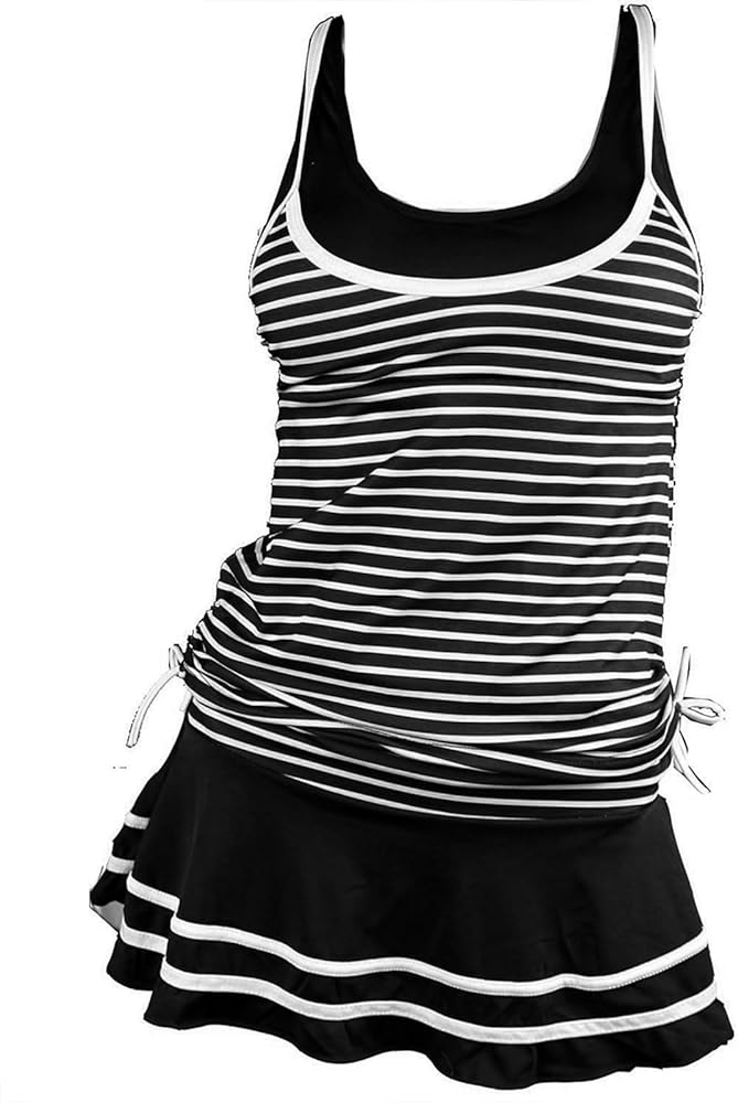 MiYang Tankini Swimsuits for Women Two Piece Tummy Control Bathing Suit with Skirt Striped Vintage Swimdress