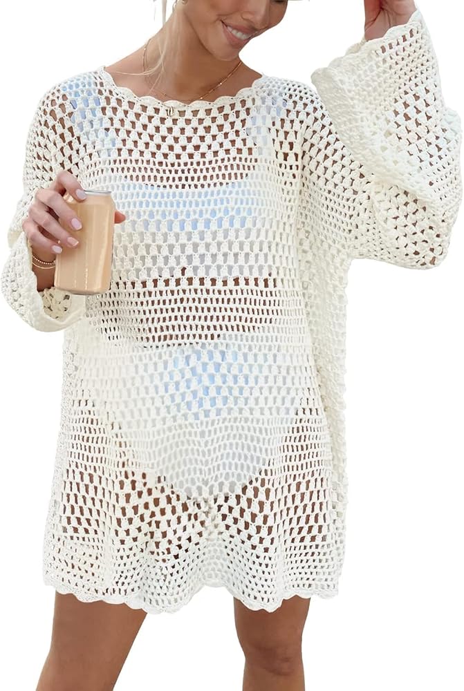 Women's Summer Crochet Cover Ups Hollow Out Long Sleeve Beach Coverup Bikini Swimsuits Cover Up