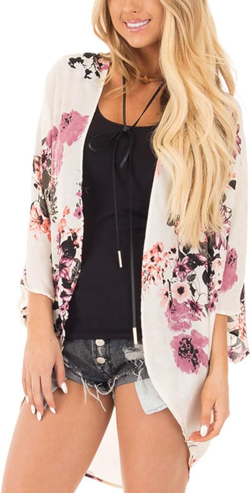 Omoone Women's Short Batwing Sleeve Floral Chiffon Cardigan Kimono Beachwear