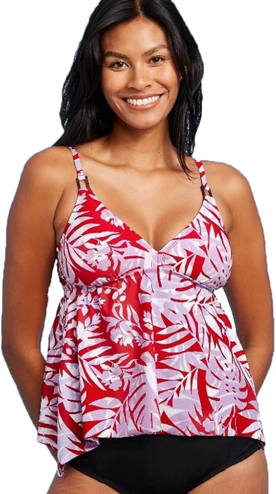 Women's Rectangle Trim Sharkbite Hem Tankini Top - (Small, Layered Leaf Red)