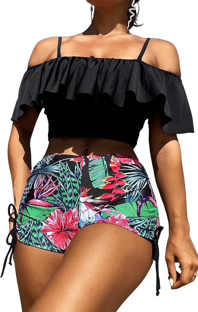 MakeMeChic Women's Tankini Swimsuit Tropical Floral Two Piece Ruffle High Waisted Bathing Suit with Drawstring Boyshorts