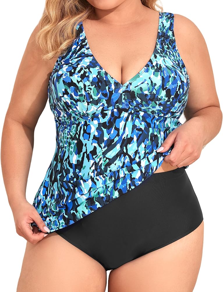 LULU HATHAWAY Plus Size Tankini Swimsuits for Women Tummy Control Two Piece Bathing Suit Flowy Tank Top with Bottom Beachwear