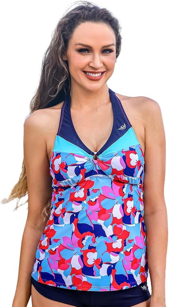 Tankini Tops for Women Swimwear Tummy Control Bathing Suits Halter Bikini Top Only Loose Fit Swimsuits V Scoop Neck Light Blue