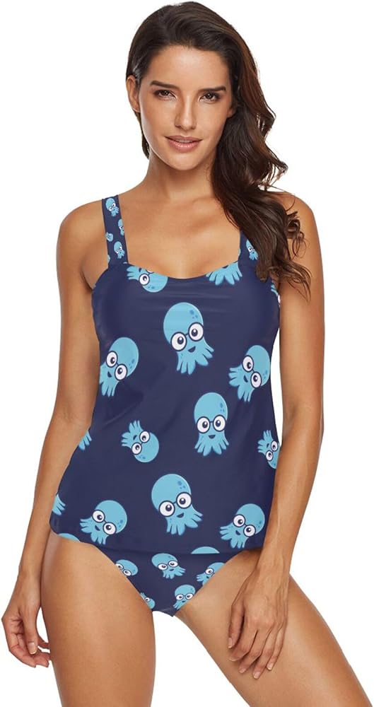 Funny Octopus 2 Piece Women Tankini Swimsuit Tummy Control Sport Bathing Suit with Bikini Bottom