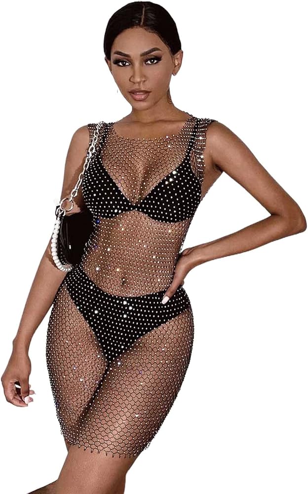 Formery Sexy Mesh Swimsuit Cover Ups Sheer Rhinestone Beach Sleeveless Coverups Fishnet Hollow Out Dress Body Chains