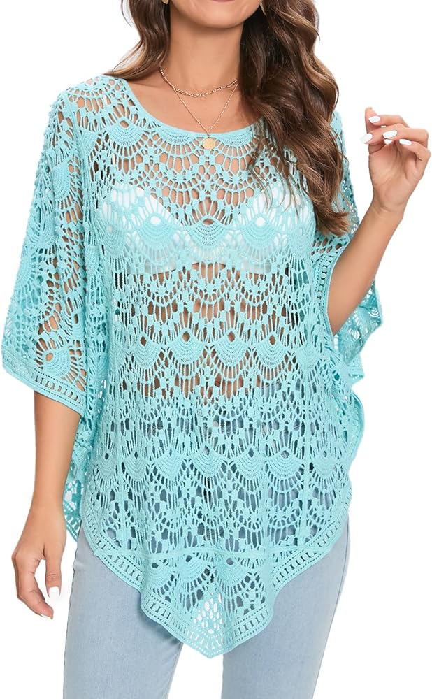 Women's Crochet Lace Poncho Top Boho Sheer Pullover Hollow Out Beach Cover Up