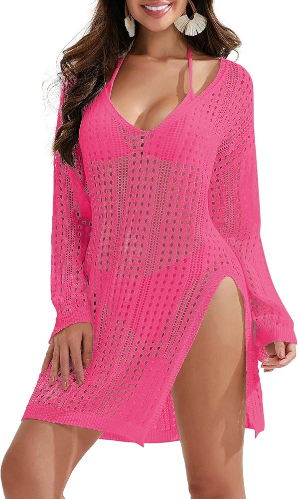 Women Swimsuit Coverup Beach Dress Crochet Bathing Side Split Loose Fit Hollow Out Swimwear Summer Dresses