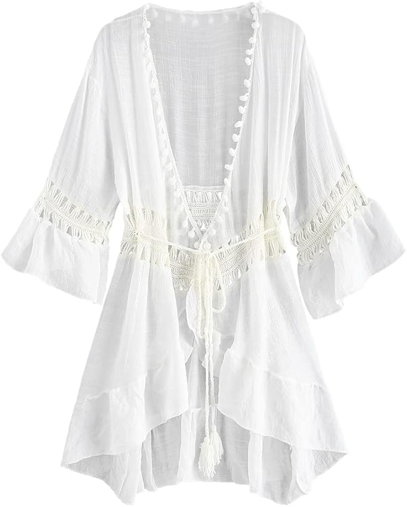 ZAFUL Women's Swimsuit Beach Cover Up Casual Loose Open Front Bikini Coverups Summer Kimono Cardigan Crochet Beachwear