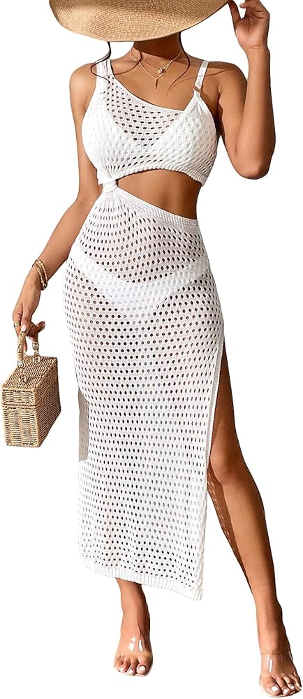 Milumia Women's One Shoulder Cut Out Crochet Beach Dress Slit Thigh Sleeveless Bikini Cover Ups