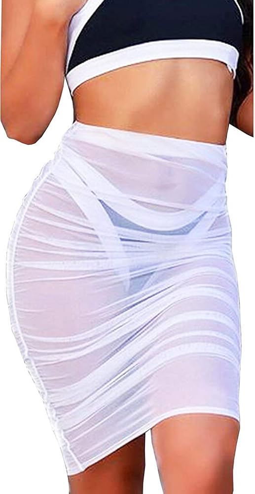 Women Sexy See-Through Maxi Swimsuit Skirt Sheer Chiffon Skinny Sarong Bikini Cover up, White, Small