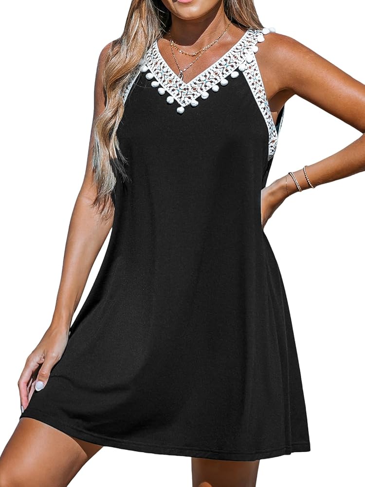 CUPSHE Women's Mini Dress V Neck Knit Swimwear Tassel Sleeveless Cover Up Dresses Summer Beach