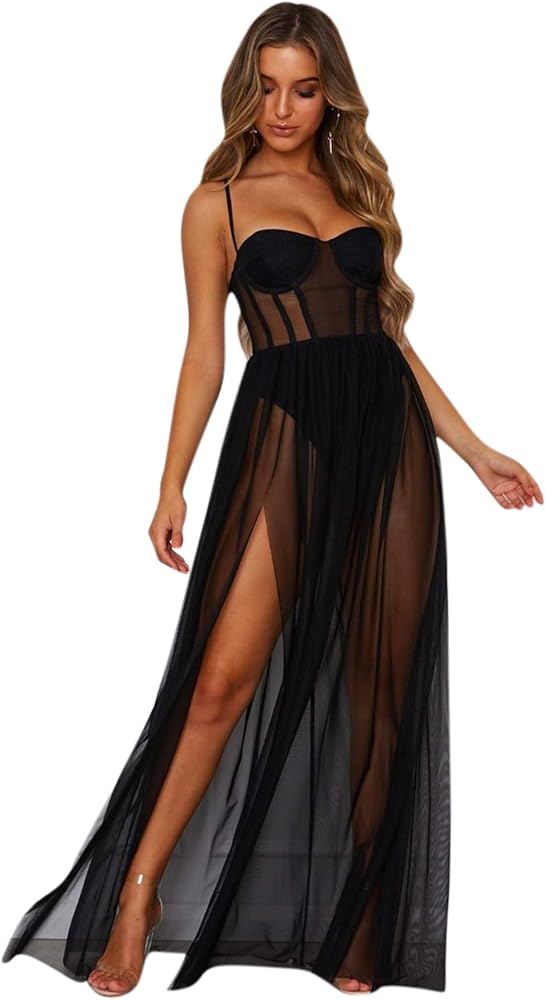 Women's Sheer Mesh Spaghetti Strap Glitter Dress Sexy See Through High Split Bodycon Beach Swimwear Bikini Cover Ups