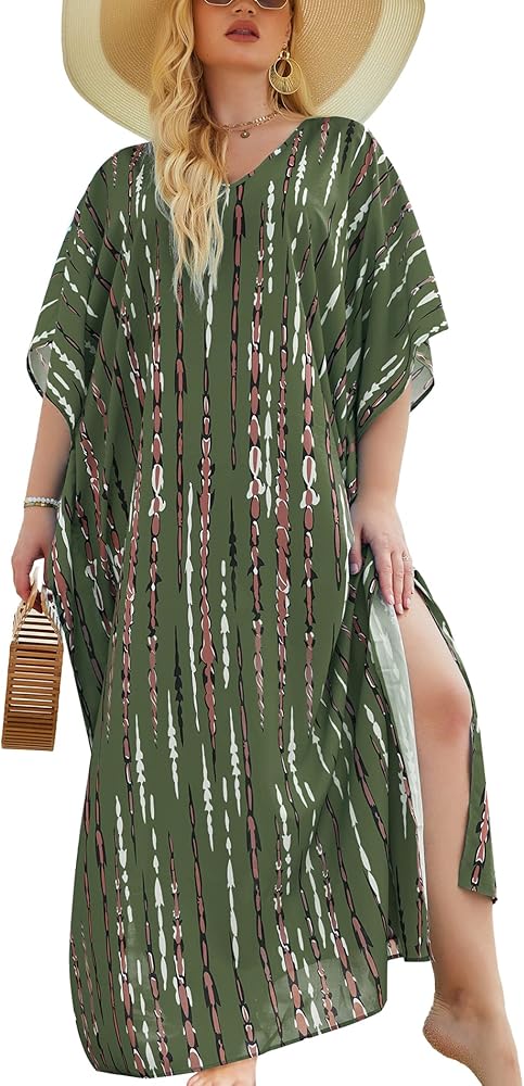 IN'VOLAND Womens Plus Size Bathing Suit Cover Up Colorful Beach Kaftan Dress Long Bikini Cover Up Swimsuit Beachwear