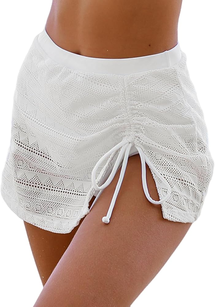 CUPSHE Women‘s Bikini Bottom Swim Skirt High Waisted High Cut Drawstrings Lace Cutouts