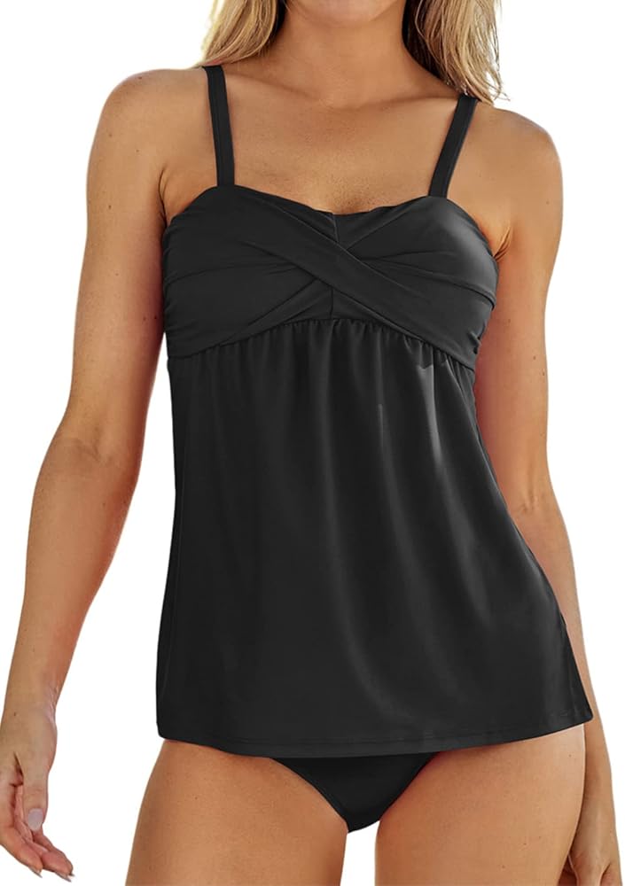 Aleumdr Women's Solid Ruched Tankini Top Swimsuit with Triangle Briefs