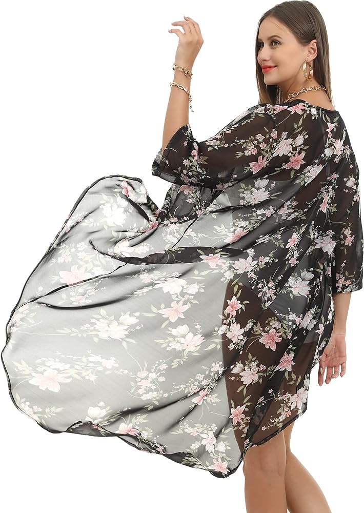 Soul Young Women's Floral Kimono Cardigan Swimsuit Beach Cover up with Open Front Dress Beachwear for Summer