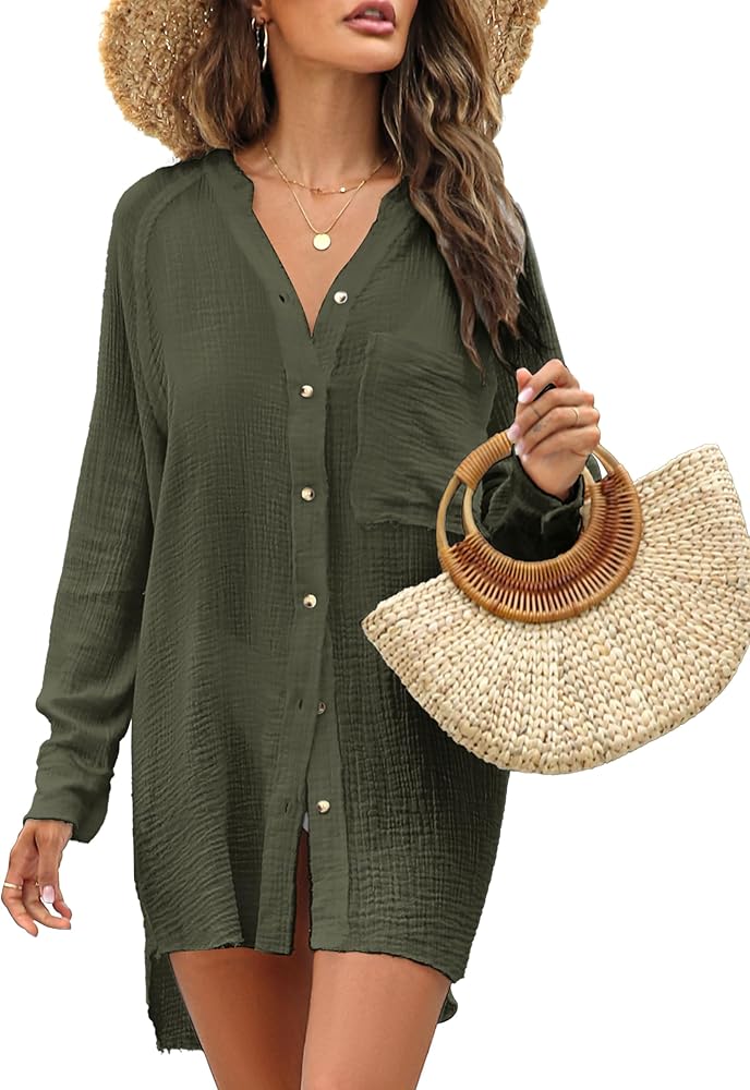 Coverups for Women Oversized Swimwear Beachwear Side Split Boating Shirts for Summer Army Green S