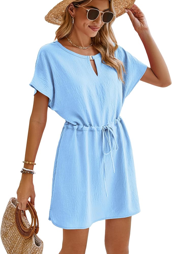 Bluetime Women Casual Summer Swimsuit Coverup Bikini Beachwear Coverups Flowy Short Sleeve Mini Beach Dress