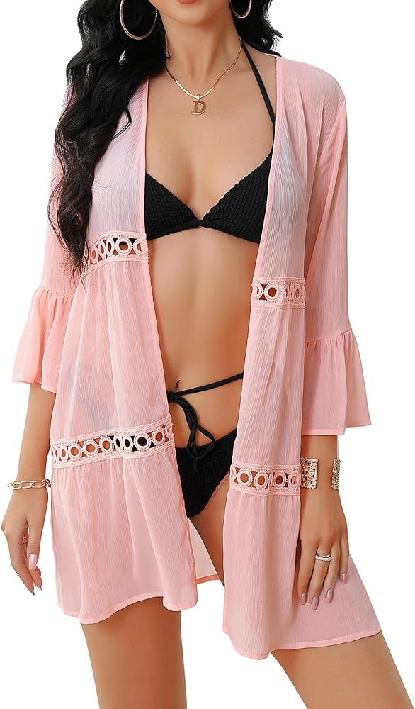 Women's Chiffon Open Front Kimono Cardigans Summer 3/4 Sleeve Crochet Bikini Cover Up Casual Swimsuit Tops