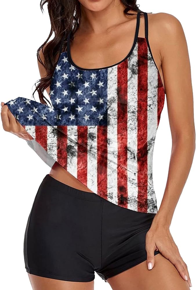 Women Independence Day Plus Size Two Piece Tankini Bathing Suit with Boyshorts American Flag Print Tank Top Swimsuits Red Blue White Stars Stripes Print women's tankini swimsuits 10-Wine Large