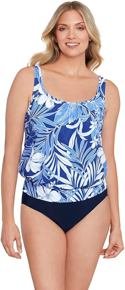 Penbrooke Shape Solver Women's in My Blues Shirred Blouson Adjustable Tankini Top Separate