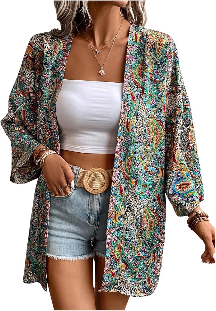 Verdusa Women's Boho Paisley Print Open Front Cover Up Long Sleeve Oversized Kimono