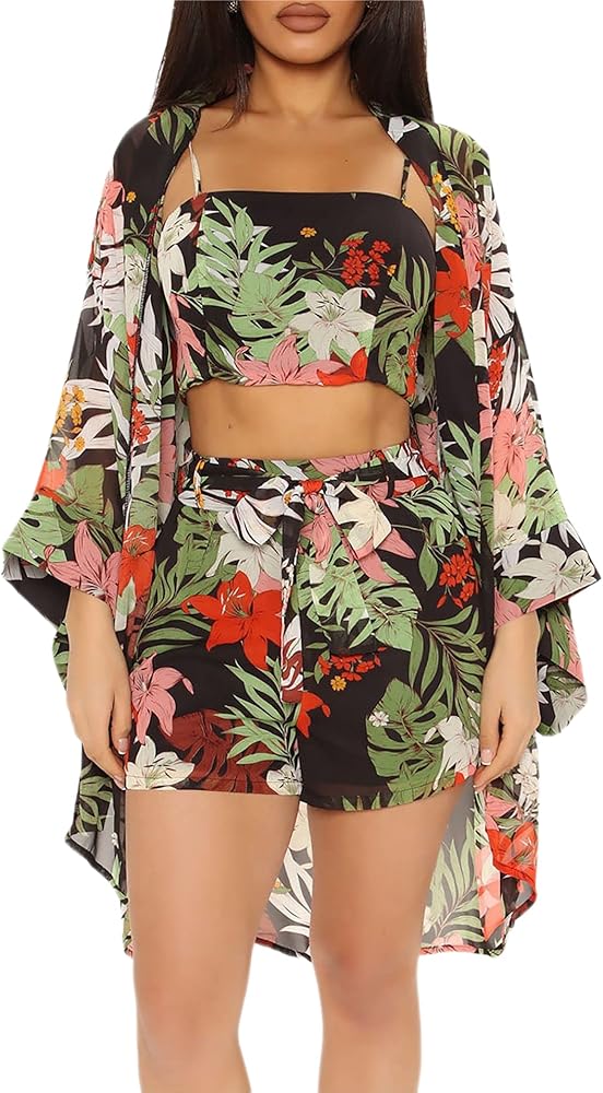 Atyfuniby Womens Floral 3 Piece Vacation Outfits Beach Long Sleeve Cover Ups Crop Cami Tops Belted Boho Shorts Sets