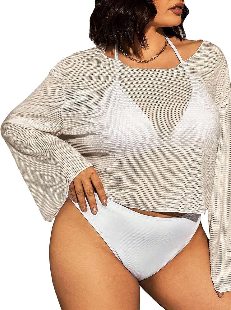 MakeMeChic Women's Plus Size Sheer Mesh Swim Beach Cover Up Hollow Out Long Sleeve Crop Cover Up Top