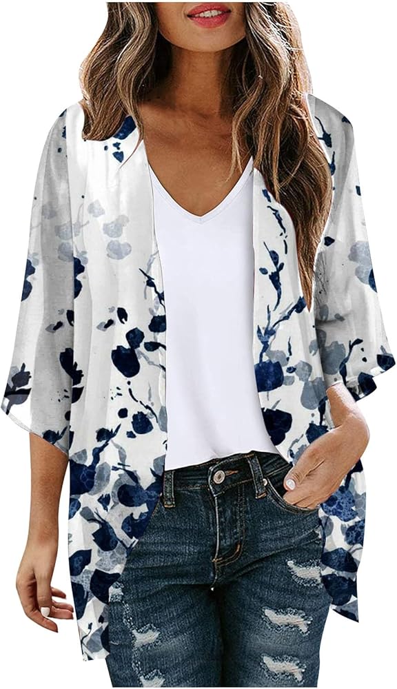 Womens Chiffon Cardigan Tops Summer Casual Beach Kimono Swimsuit Coverup Open Front Floral Print Half Sleeve Blouse