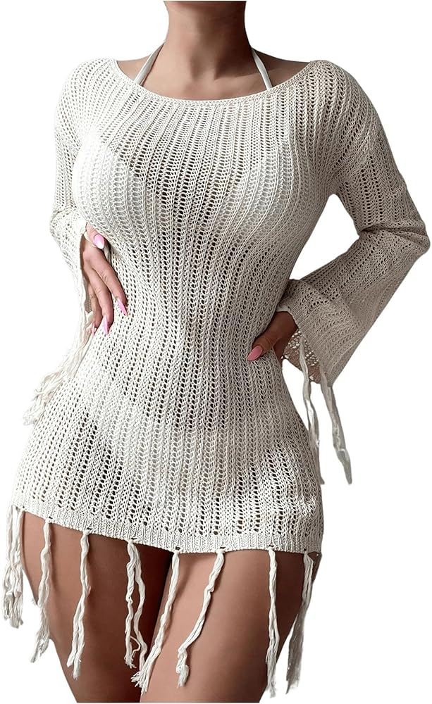 SHENHE Women's Crochet Cover Up Dress Fringe Hollow Out Sheer Long Sleeve Holiday Bathing Suit