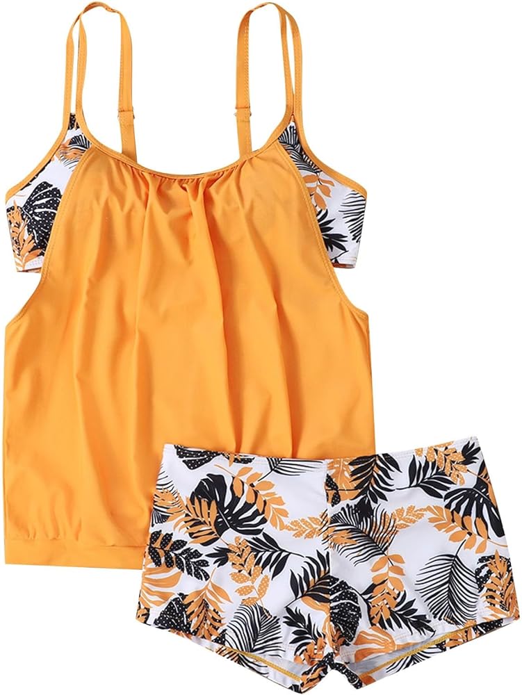 Tankini Swimsuits for Women,2024 Summer Two Piece Bathing Suits Trendy Print Sling Swim Tank Top with Boys Shorts