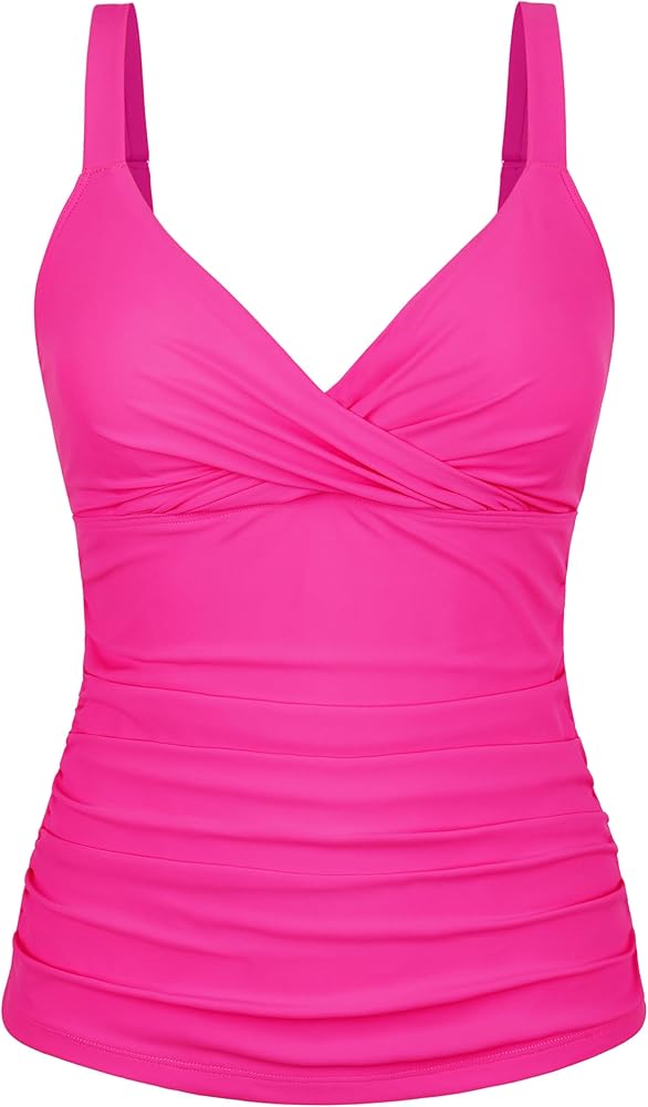 Hilor Women's Underwire Tankini Top Ruched Tummy Control Bathing Suit Tops Push Up Top Swimsuit Front Twist Swim Top Only