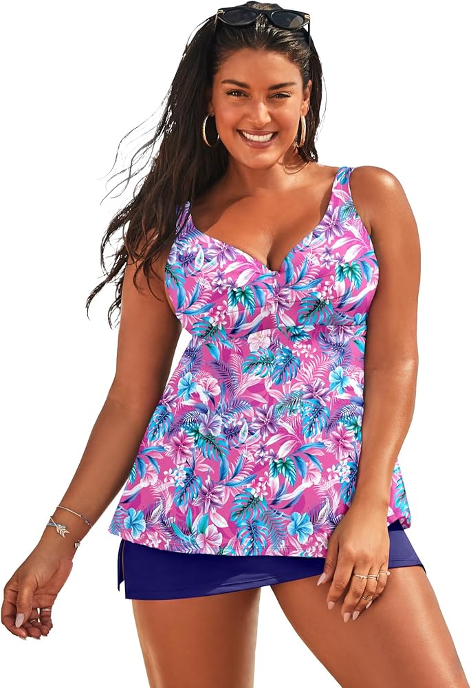 Swimsuits For All Women's Plus Size Bra Sized Sweetheart Underwire Tankini Top - 42 G, Doll Pink Hawaiian