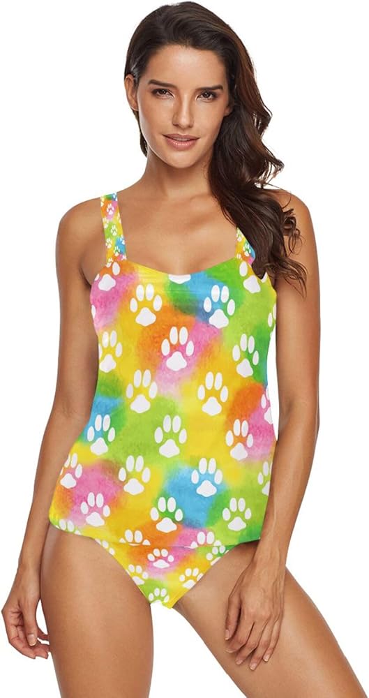 Cute Paw Prints 2 Piece Women Tankini Swimsuit Tummy Control Sport Bathing Suit with Bikini Bottom