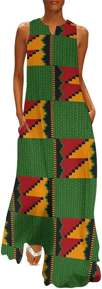 African Kente Print Women's Sleeveless Dresses Casual Maxi Long Dress Tank Dress Beach Dress