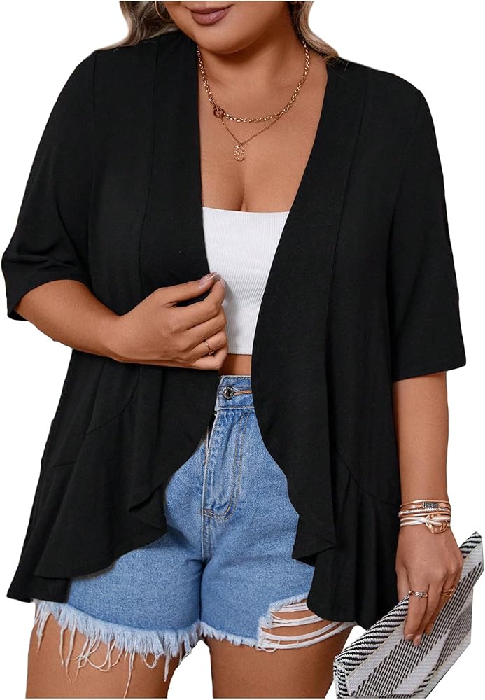 SOLY HUX Women's Plus Size Ruffle Half Sleeve Kimono Cardigan Open Front Loose Cover Up Casual Blouse Tops