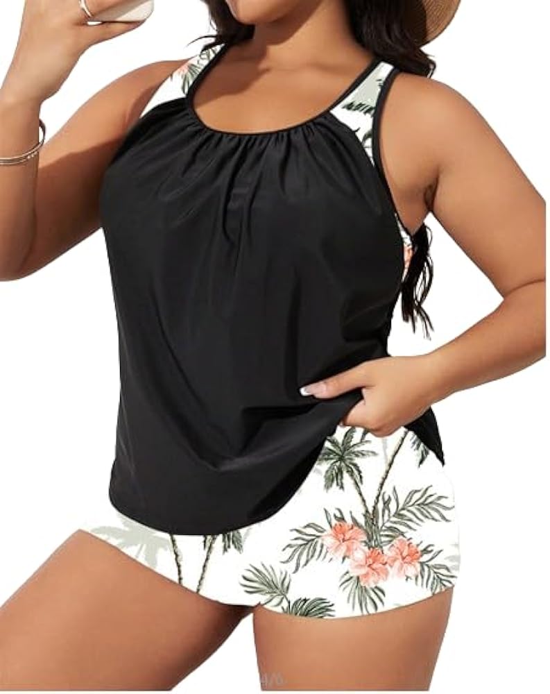 SOLY HUX Women's Plus Size Tankini Set Floral Tropical Print Tops and Shorts Bikini Bathing Suits 2 Piece Swimsuit