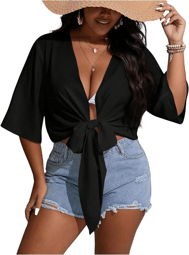 Floerns Women's Plus Size Tie Front Half Sleeve Kimono Cover Up Crop Tops