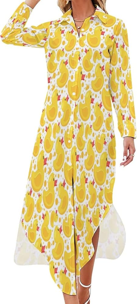 Yellow Rubber Duck Shirt Dresse Knee Length Long Bikini Cover-Up Button Down Side Split V-Neck Long Sleeve Blouse Top