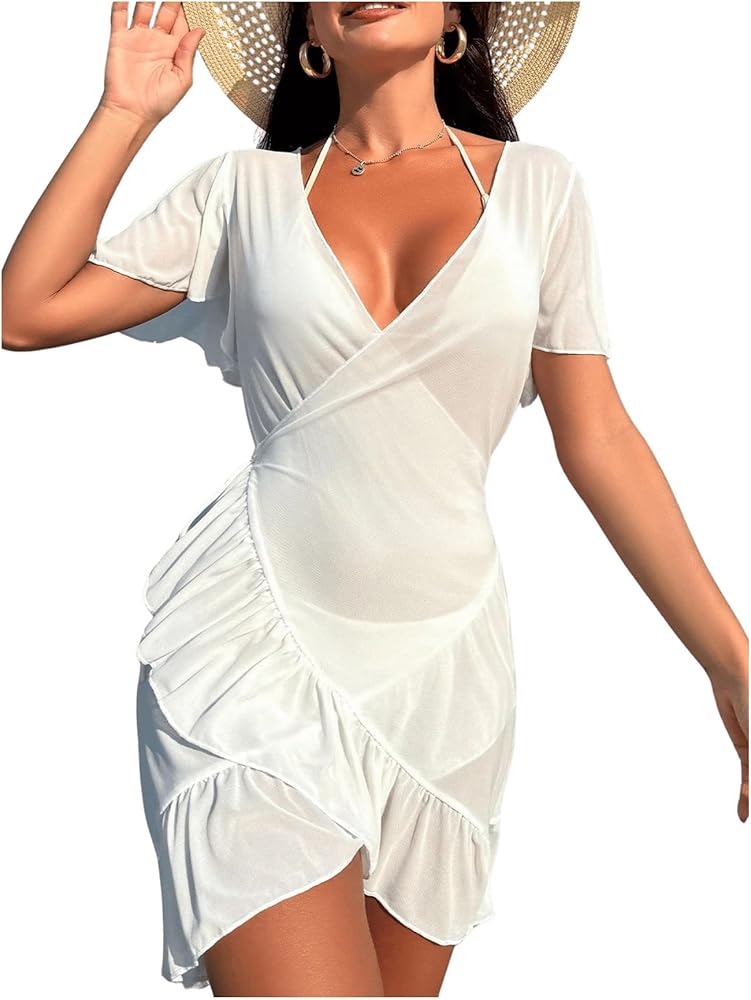 MakeMeChic Women's Beachwear Sheer Bikini Cover Ups Ruffled Hem Swimsuit Coverup Short Beach Dress