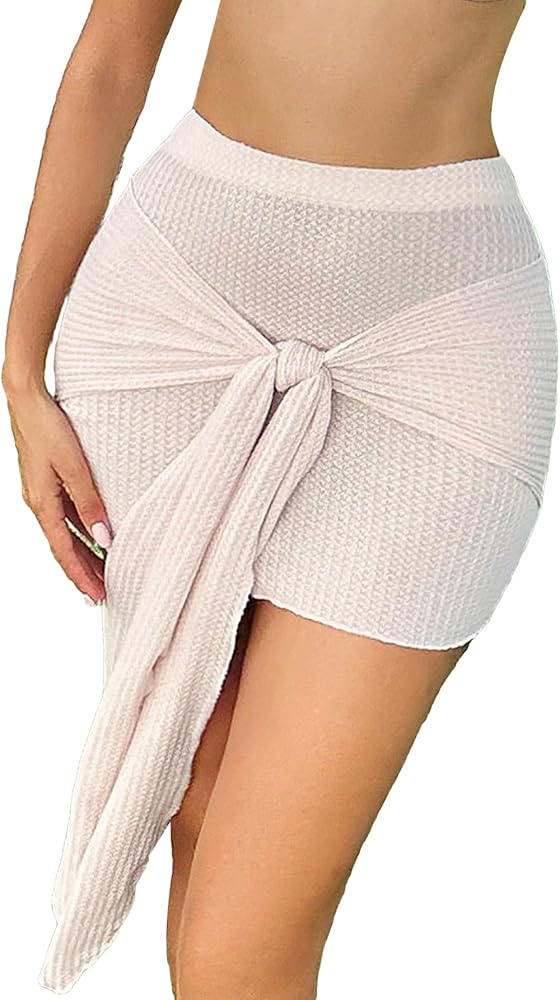 MakeMeChic Women's Bathing Suit Cover Up High Waisted Tie Front Knot Knitted Crochet Beach Skirt