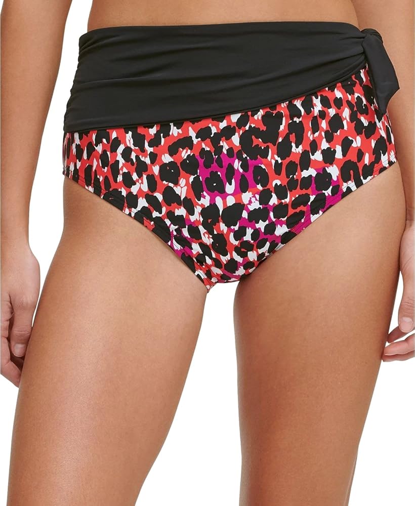 DKNY Womens Bikini Bottom Red Medium Sash High Waist Black M