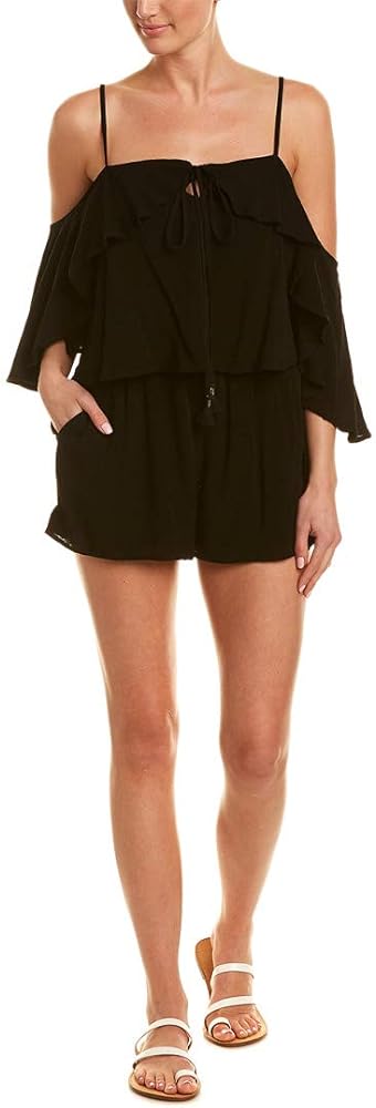 LSpace Womens Seaside Ruffled Halter Romper Swim Cover-Up Black S