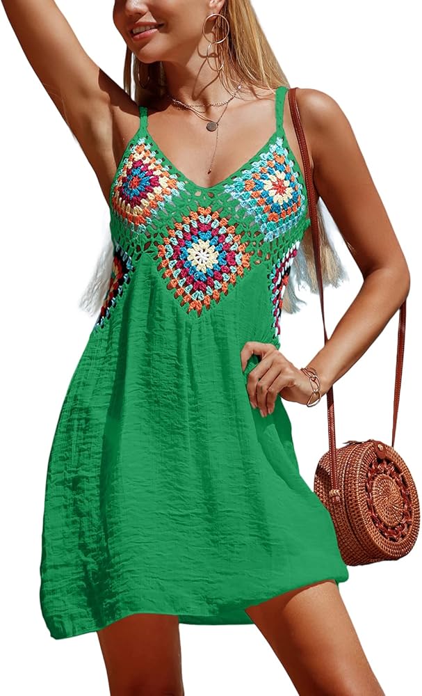 Women Crochet Patchwork Bikini Cover-Ups Dress Summer Sleeveless V Neck Swimwear Trendy Boho Cutout Beach Dress